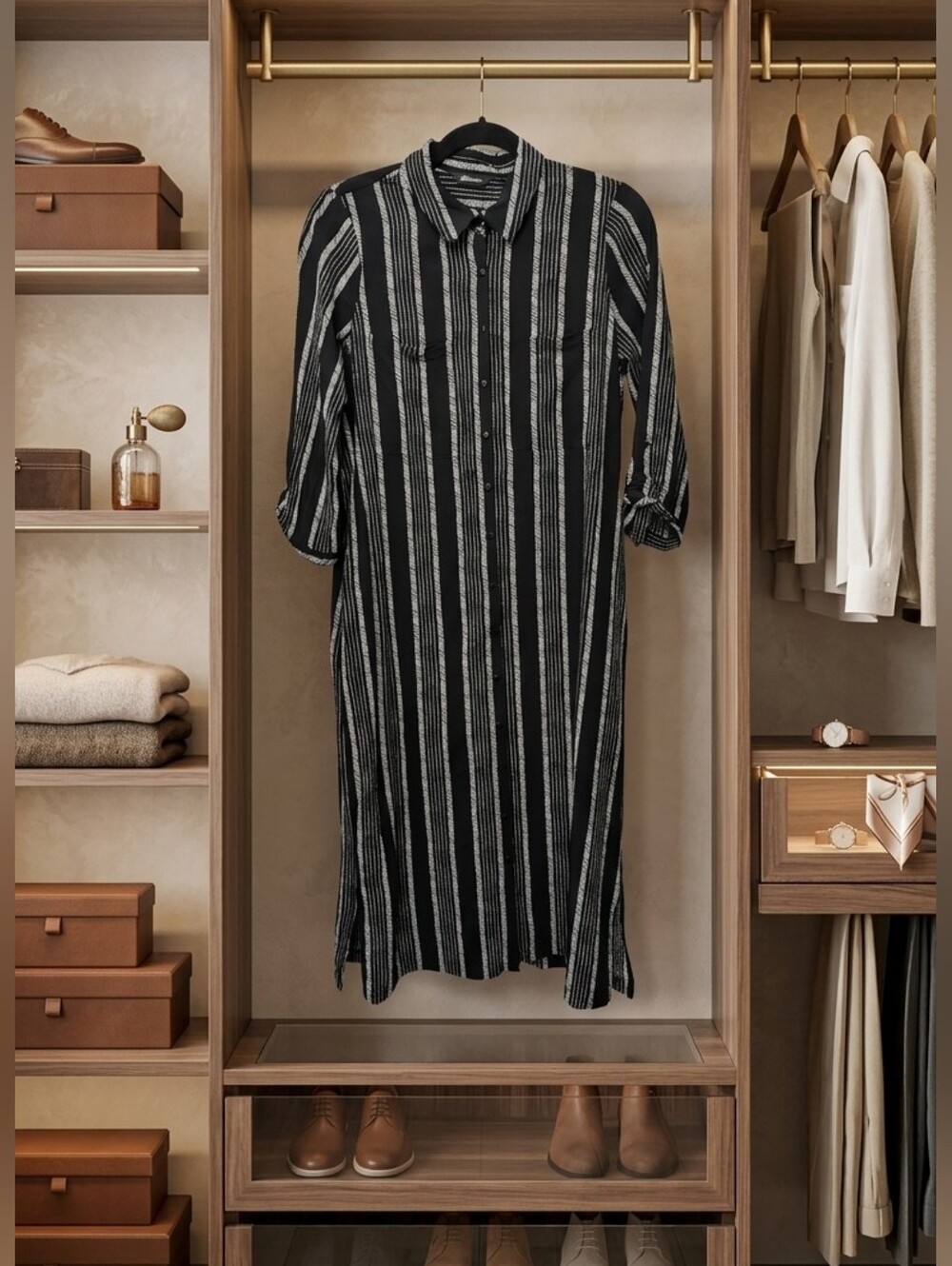 Reitmans Striped Black and White Button-Down Shirt Dress S